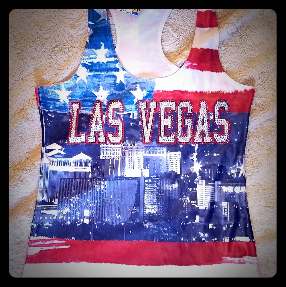NWT Las Vegas Tank Top sz L Rhinestones Red White & Blue Patriotic